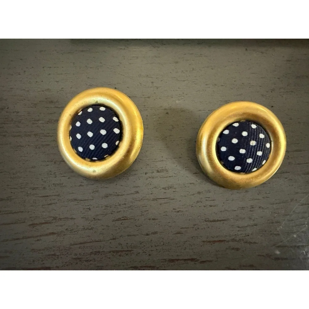 Vintage Navy Blue Polka Dot Gold Tone Round Button Stud Earrings 1.25 Inch